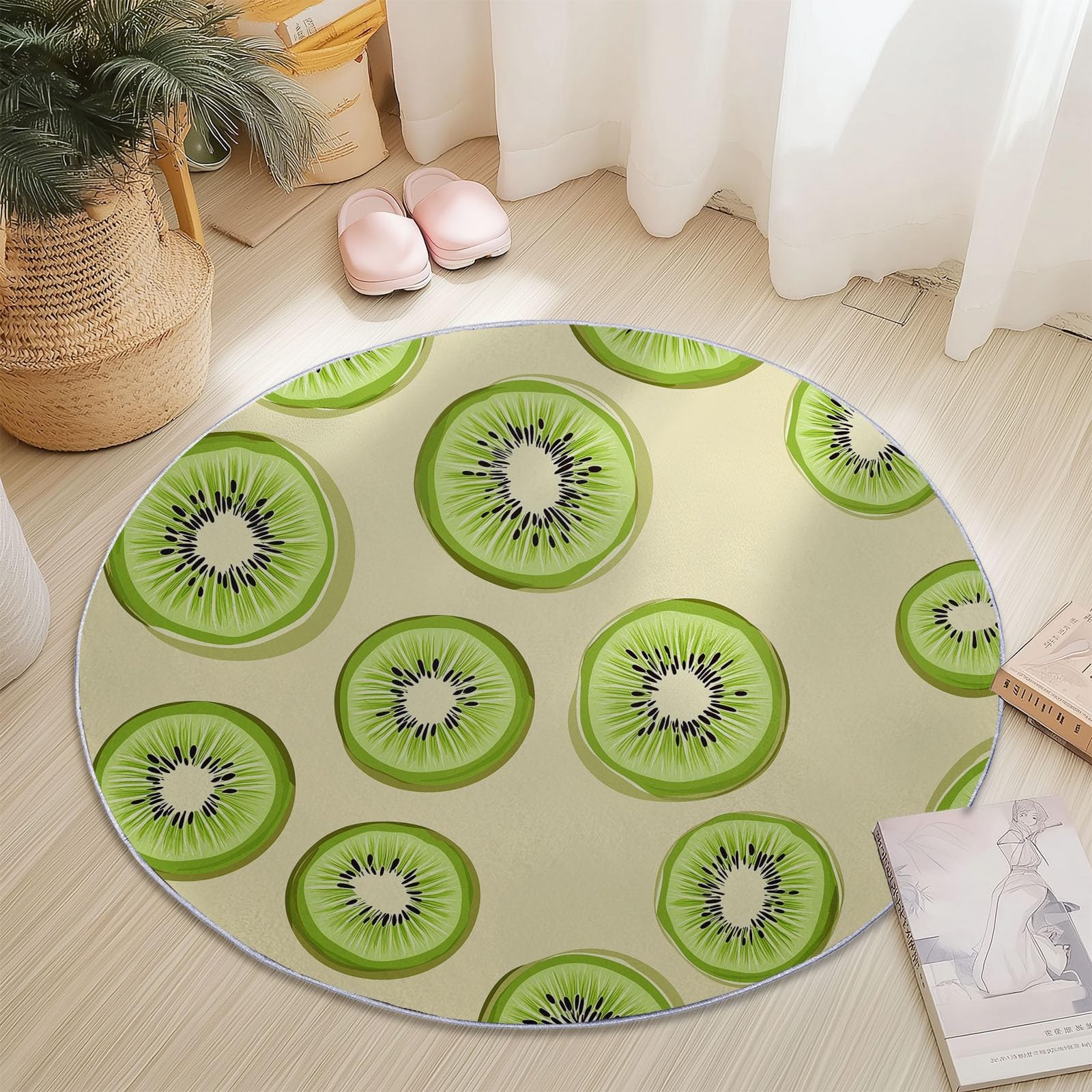 Tapis rond salon vert abricot au design kiwi mignon et antidérapant de 160 cm
