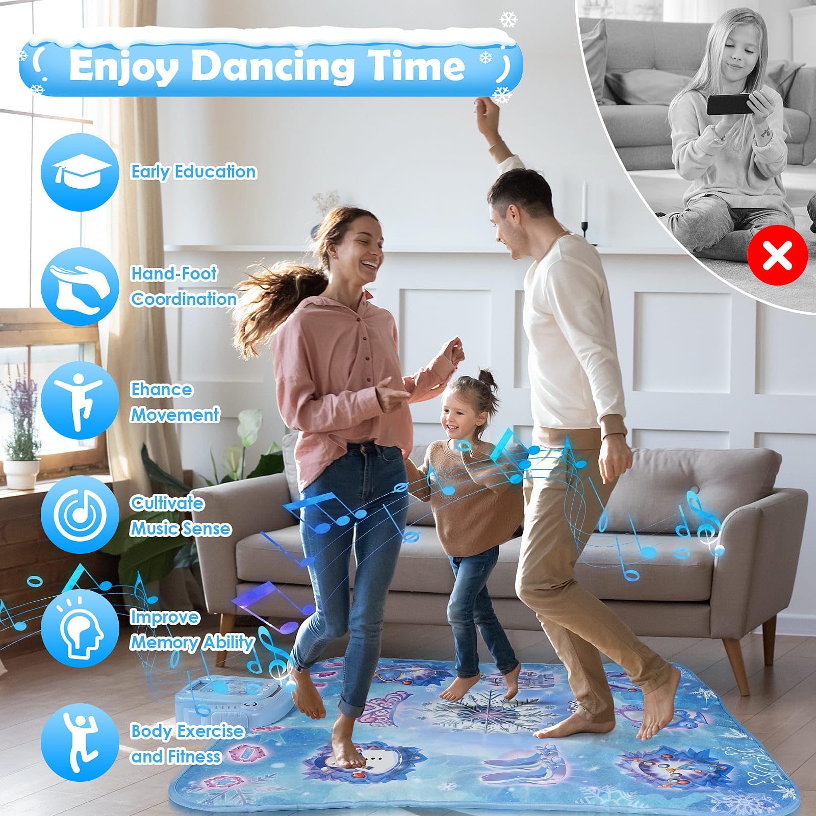 Euakee Tanzmatte für Kinder ab 3-12 Jahre, Kindertanzmatten mit 8 Tasten und Bluetooth, Musikmatte mit 4 Spielmodi und 9 Niveaus, Geschenke für Mädchen ab 3 4 5 6 7 8 9 10 11 12+ Jahre