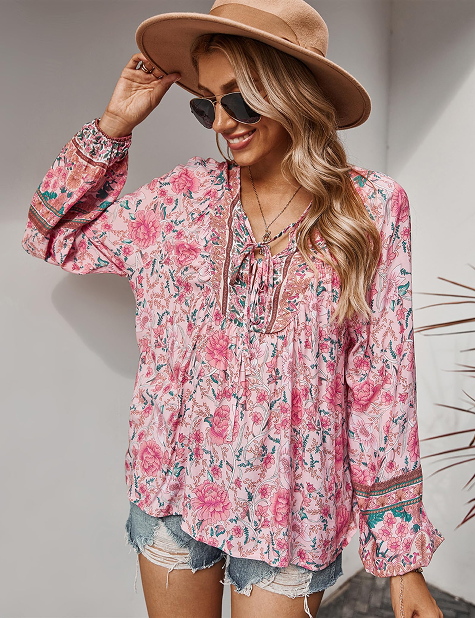 Chemisier pour Femme élégant décontracté Style bohème col en V Motif Floral Tunique Ample à Manches Longues été