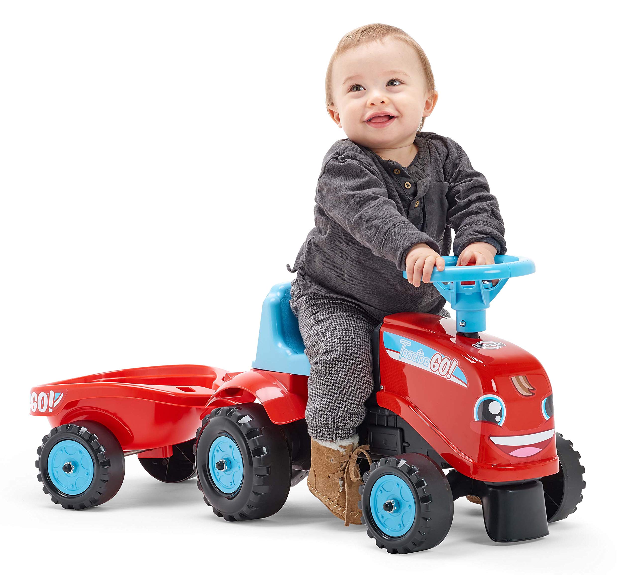 Falk - Traktor Go! Samochód ślizgowy z przyczepą – od 12 miesięcy 2 style do personalizacji - Tablica rejestracyjna z możliwością personalizacji - 200B