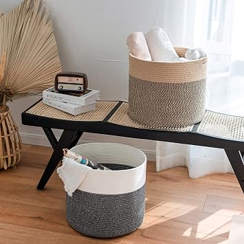 Goodpick Large Rope Basket Set of 2-Blanket Clothes Storage Basket Nursery Bin
