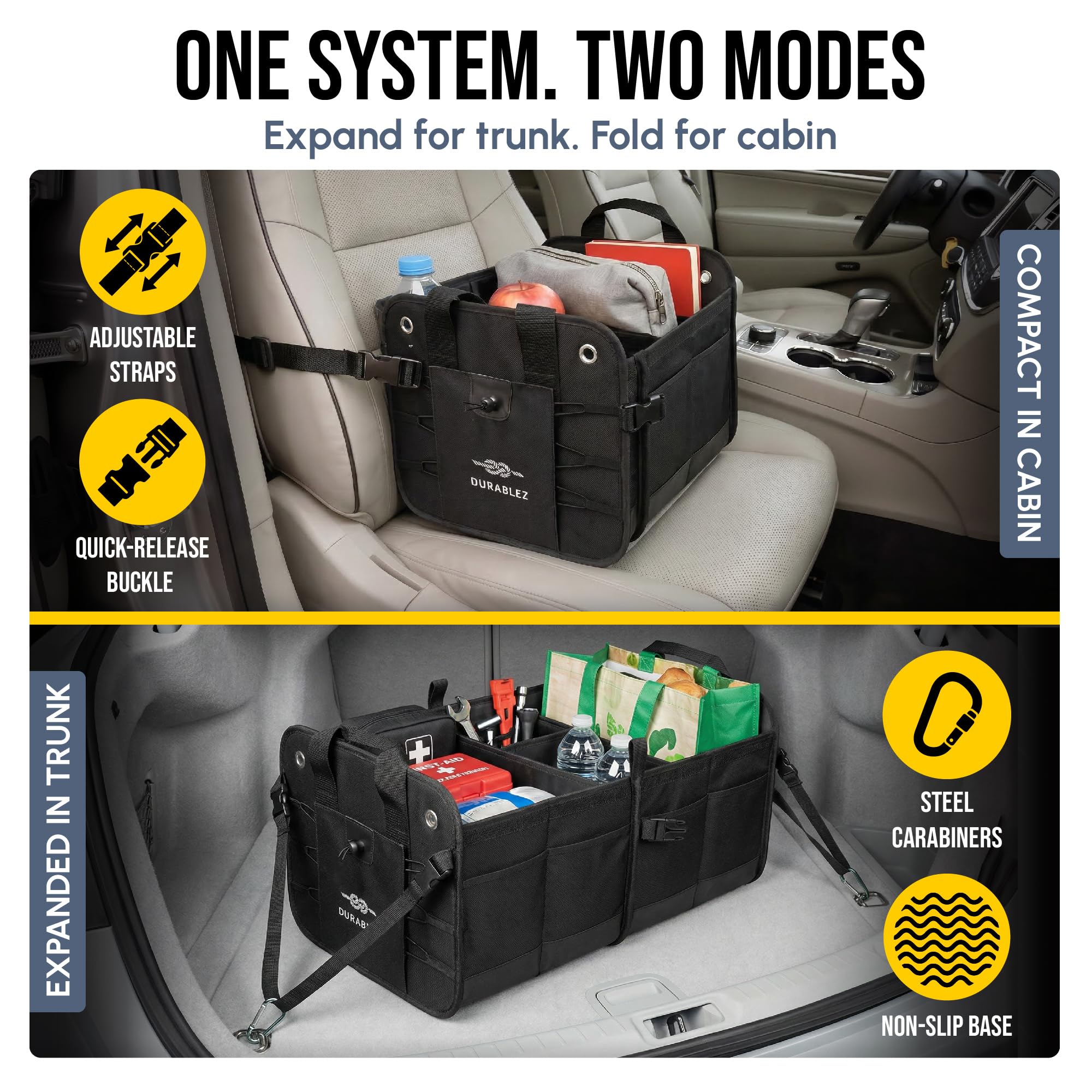 Organizador de maletero de coche, plegable, con red de cobertura, separadores extraíbles, almohadillas antideslizantes acoplables, correas de montaje y ganchos inoxidables, para SUV, camión, sedán,