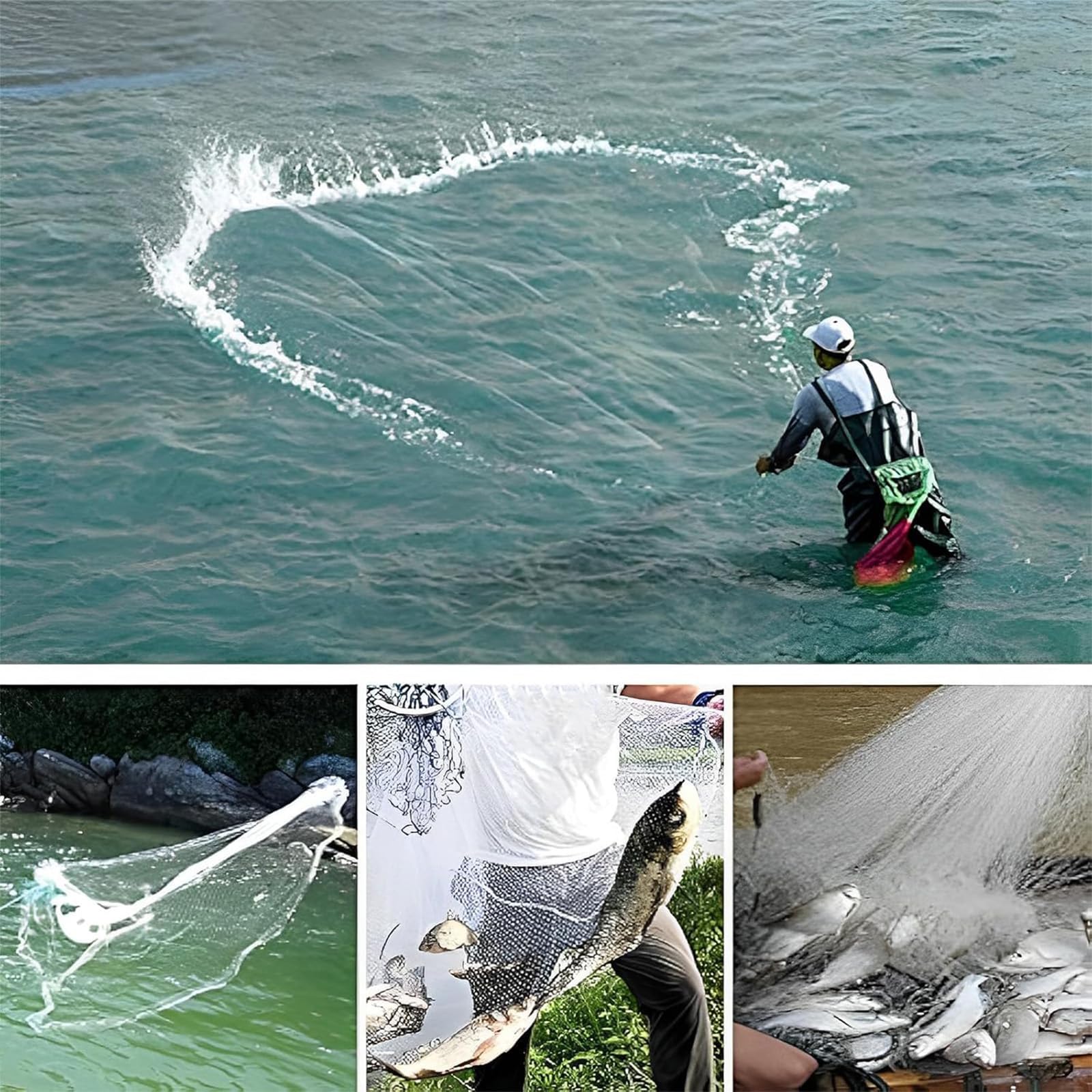 Angelnetz Wurfnetz zum Fischen Monofilament Handwurf Fishnets Salzwasser-Fischnetz für Seen und Flüsse Durchmesser 1,8m/2,4m/3,0m/3,6m/4,2m/4,8m/5,4m/6,0m/6,6m/7,2m