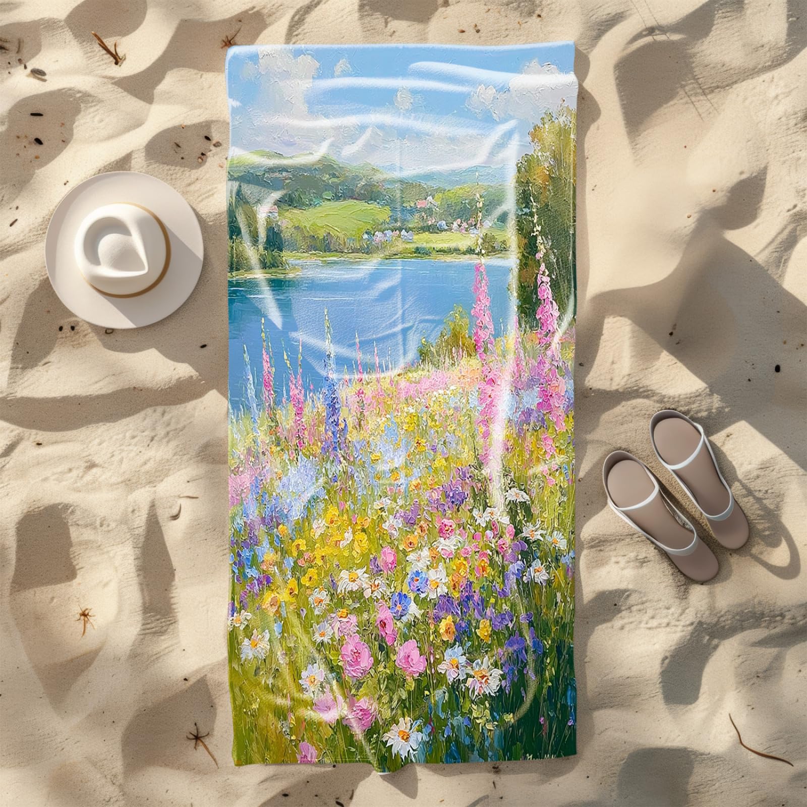 Tapis de Plage XXL Anti Sable Fleur De La Rivière Bleue Serviette Piscine Adulte,Natte De Plage Pliable, Voyage Accessoires De Plage Camping,Serviette de Bain Personnalisée