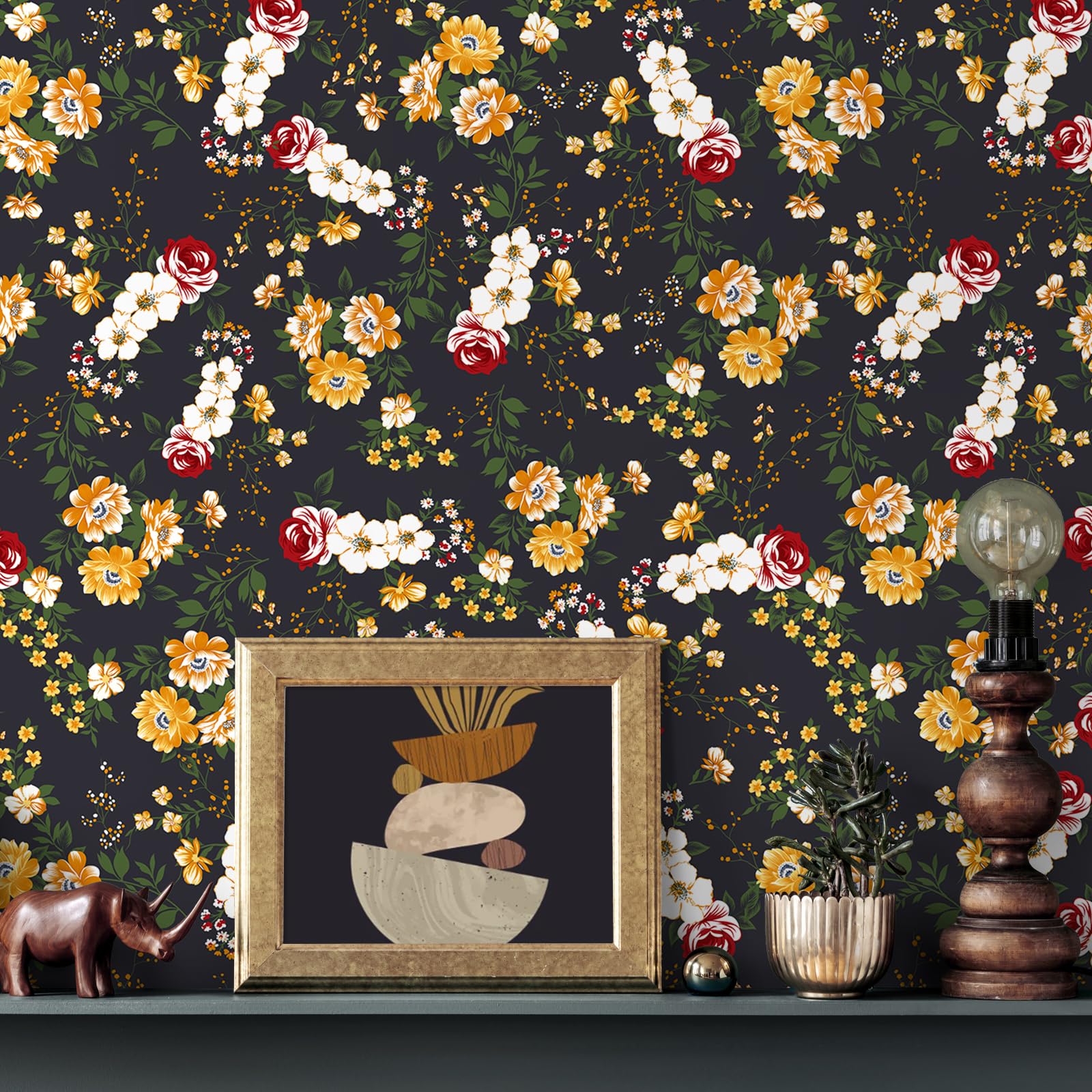 VEELIKE Dark Meadow Flower Wallpaper Vintage Black Floral Wallpaper Botanical Leaf Contact Paper Peel and Stick Patterned Wall Paper for Bedroom Bathroom Cabinet Removable 44.5cm x 300cm - Image 3