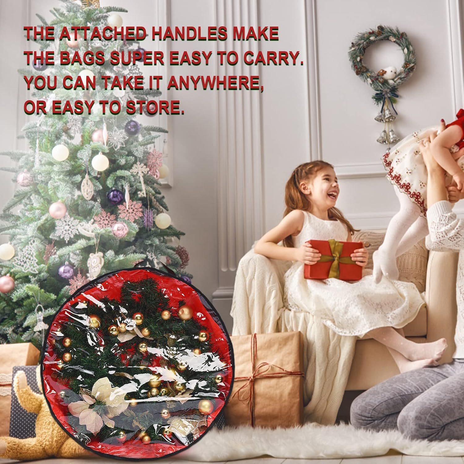 2 PCS Christmas Wreath Storage Bag, 30 Inch Clear Wreath Storage Bags Holiday Garland Container with Dual Zippers and Sturdy Handles for Holiday Artificial Christmas Wreaths