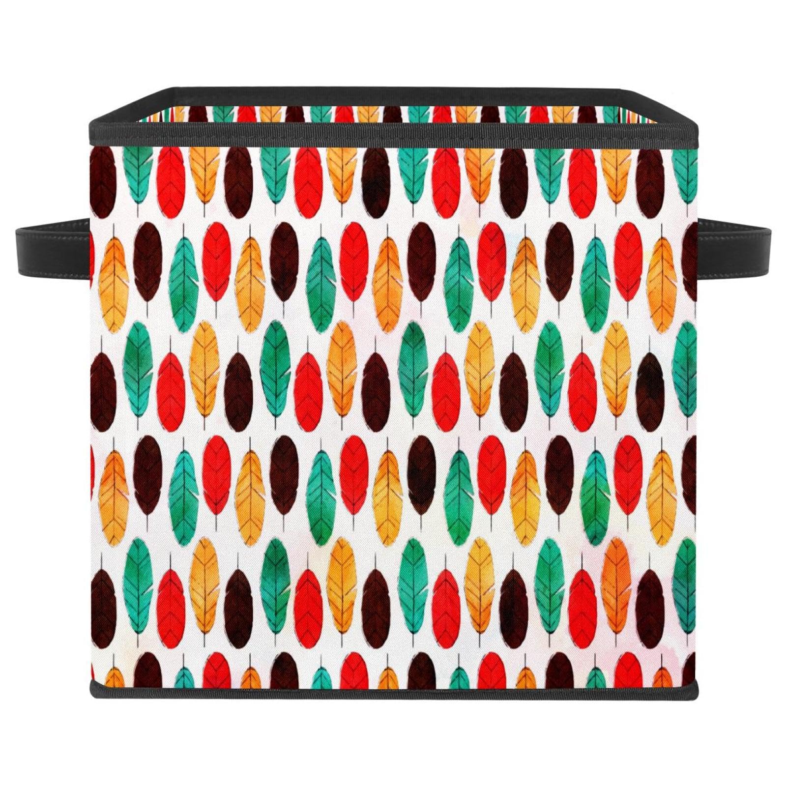 Boîte de rangement pliable cube motif feuille bohème en tissu avec poignées
