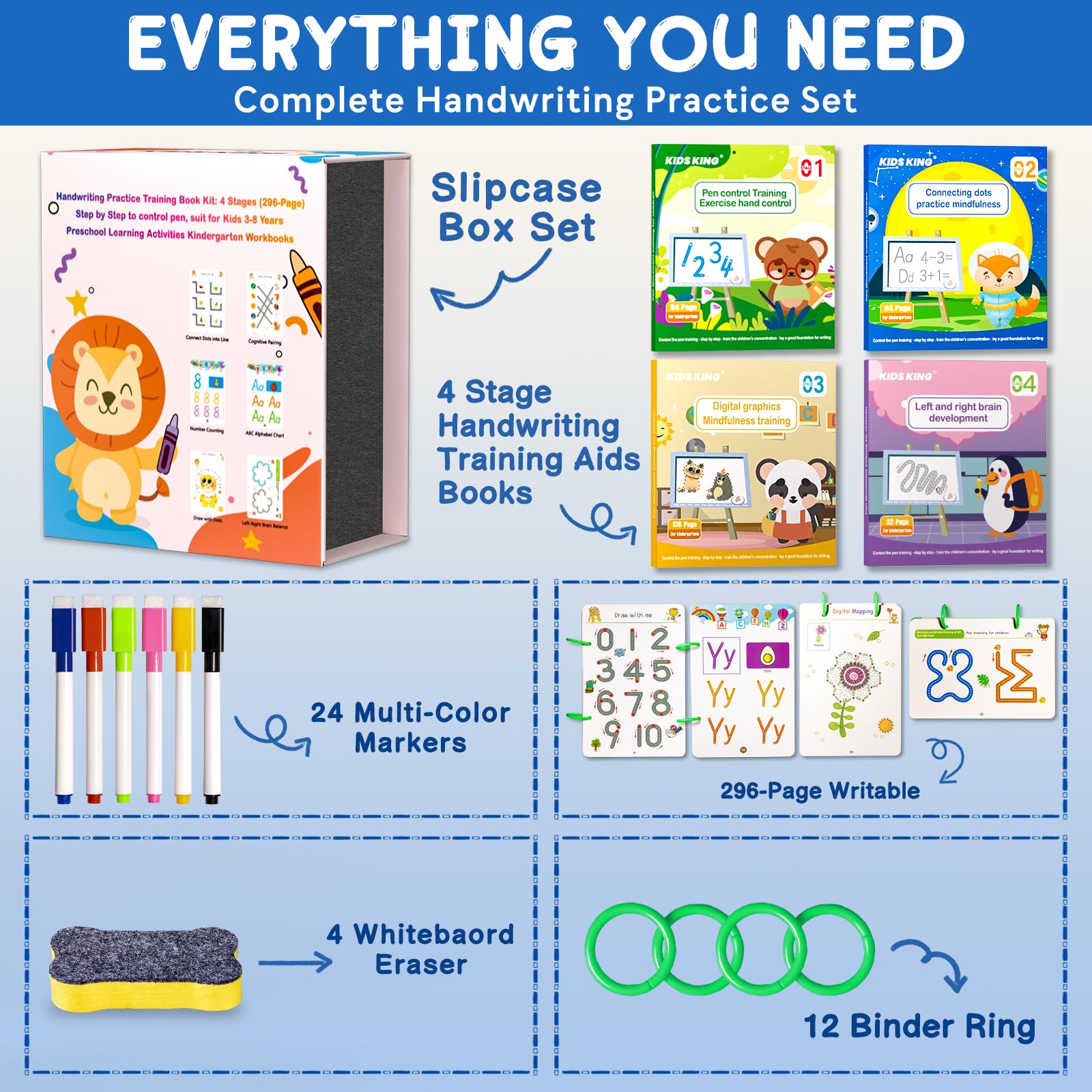 Handwriting Tracing Book - Pen Control Practice Training Books Kit, 296 Reusable Pages with Dry Erase, Alphabet | Count | Draw with Dots, Preschool Learning Activities 4-Stage Workbooks — Amazon image 2