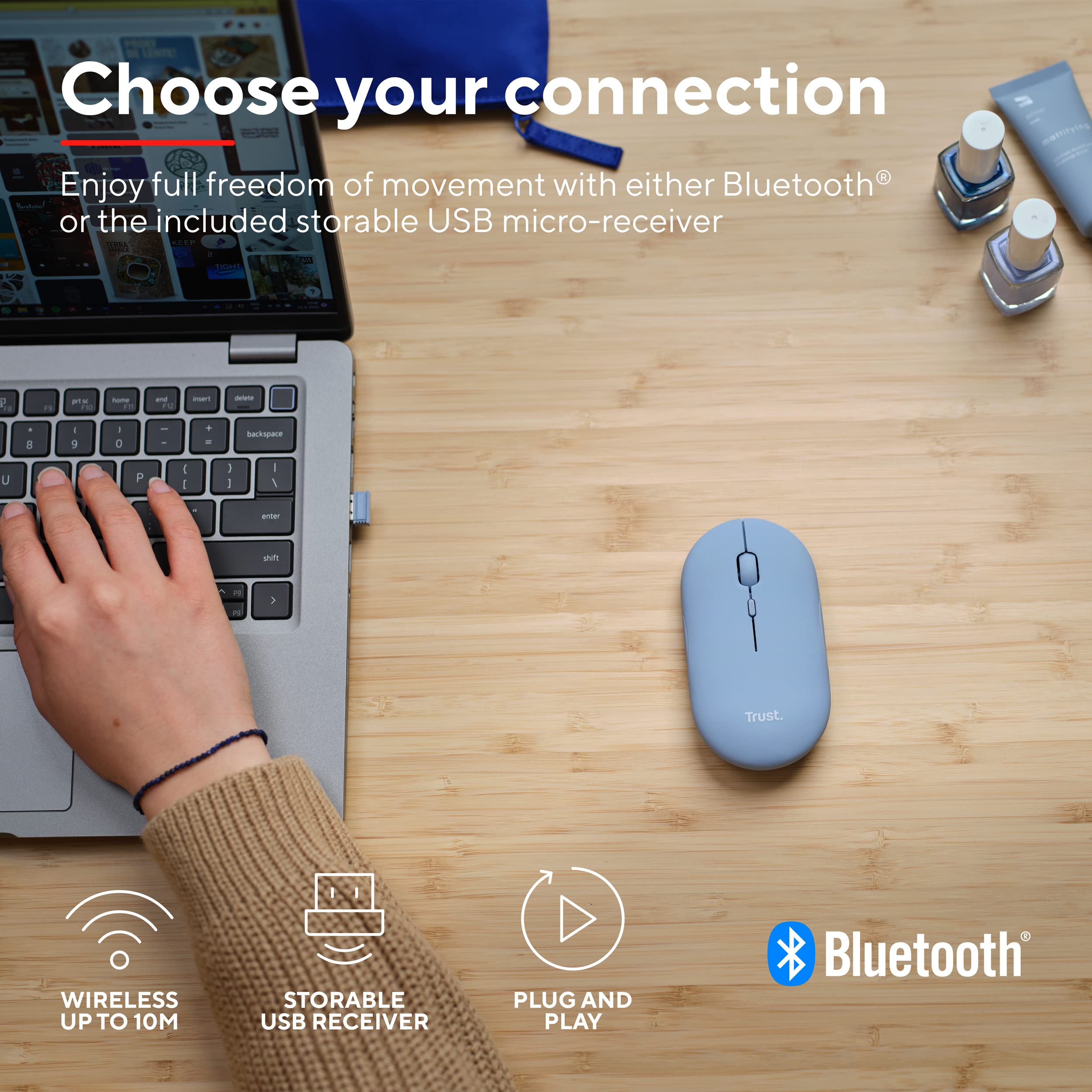 Trust Puck Mouse Wireless Ricaricabile, Bluetooth o 2.4 GHz con Mini Ricevitore USB, Silenzioso, Pulsante DPI, Mouse Bluetooth Ergonomico ‎Senza Fili per PC, Macbook, Mac, Computer, iPad - Blu