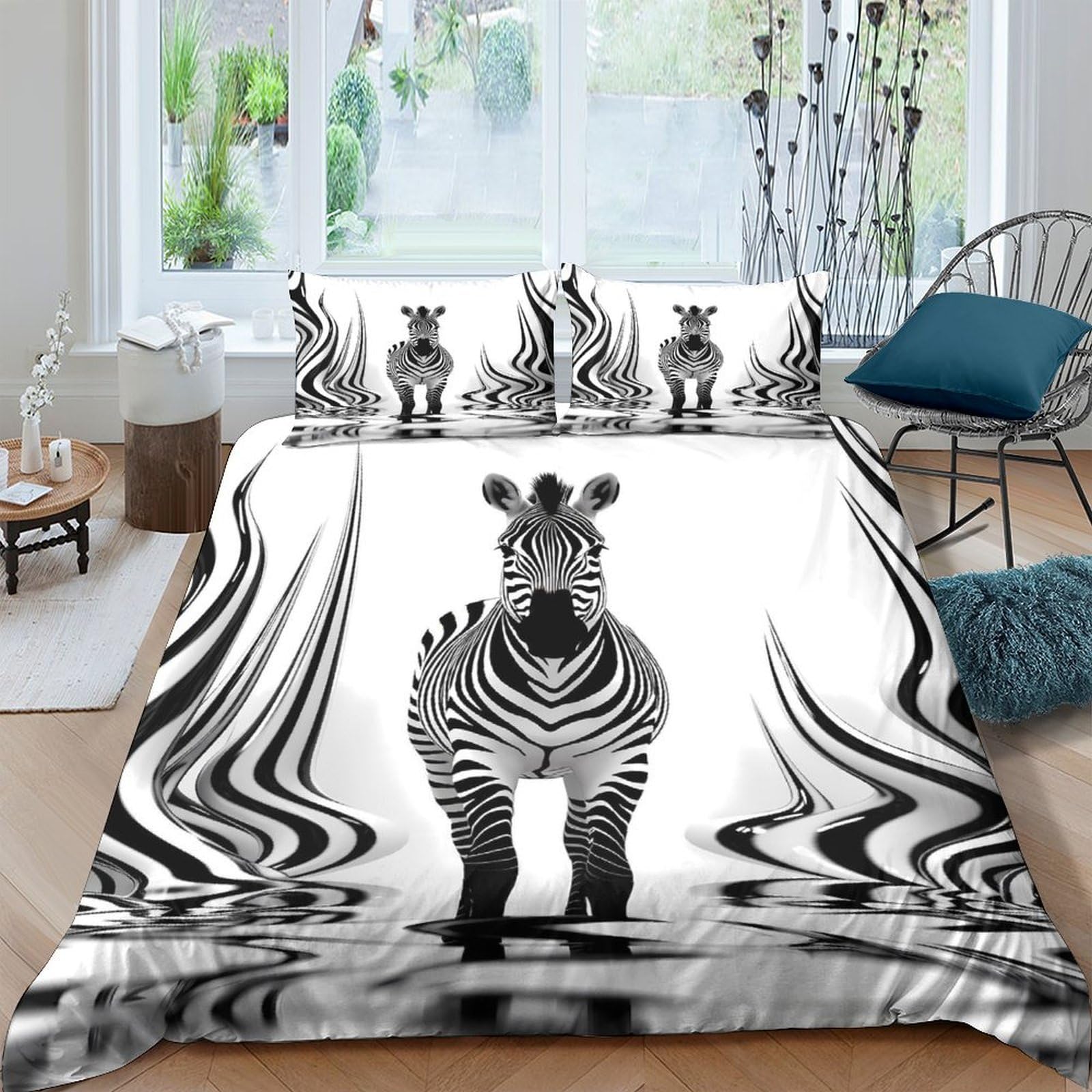 Ctjqhvkz Style-5 3D Printed Zebra Reflection Fitted Sheet Microfiber Black White Animal Art Mattress Cover Bedroom Decor Dorm Bed Protection Single（135X200cm）