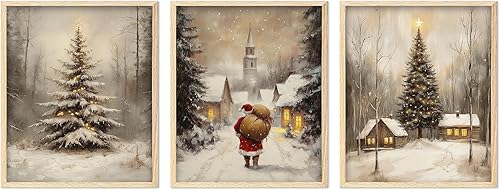 Juego de 3 arte de pared vintage de Navidad (11 x 14 sin marco), impresiones artísticas retro navideñas de Papá Noel, muñeco de nieve y árbol de