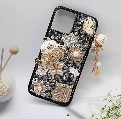 Miniatura 5 de Guppy Funda con purpurina para iPhone 14 Pro Max, con diamantes de imitación de lujo, botella de perfume 3D con diamantes de imitación y flor de