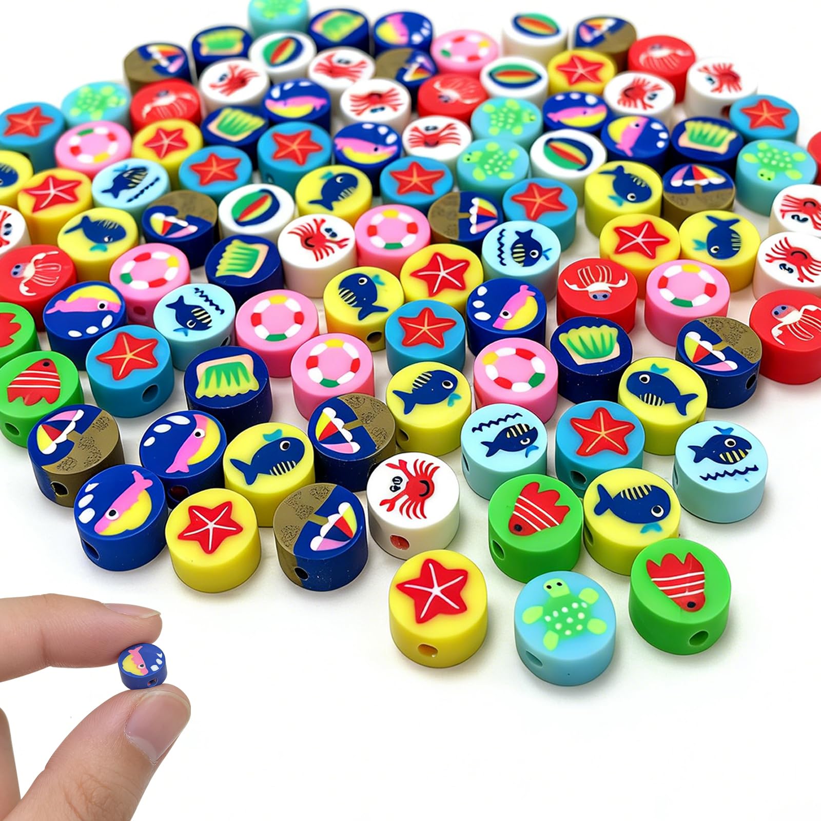 100 pcs Ocean Animal Polymer Clay Beads, VEINARDYL Colorful Mixed Sea Animal Clay Bead, Summer Theme Crabs Shellfish Whales Marine Life Charm Bead for DIY Crafts Earring Necklace
