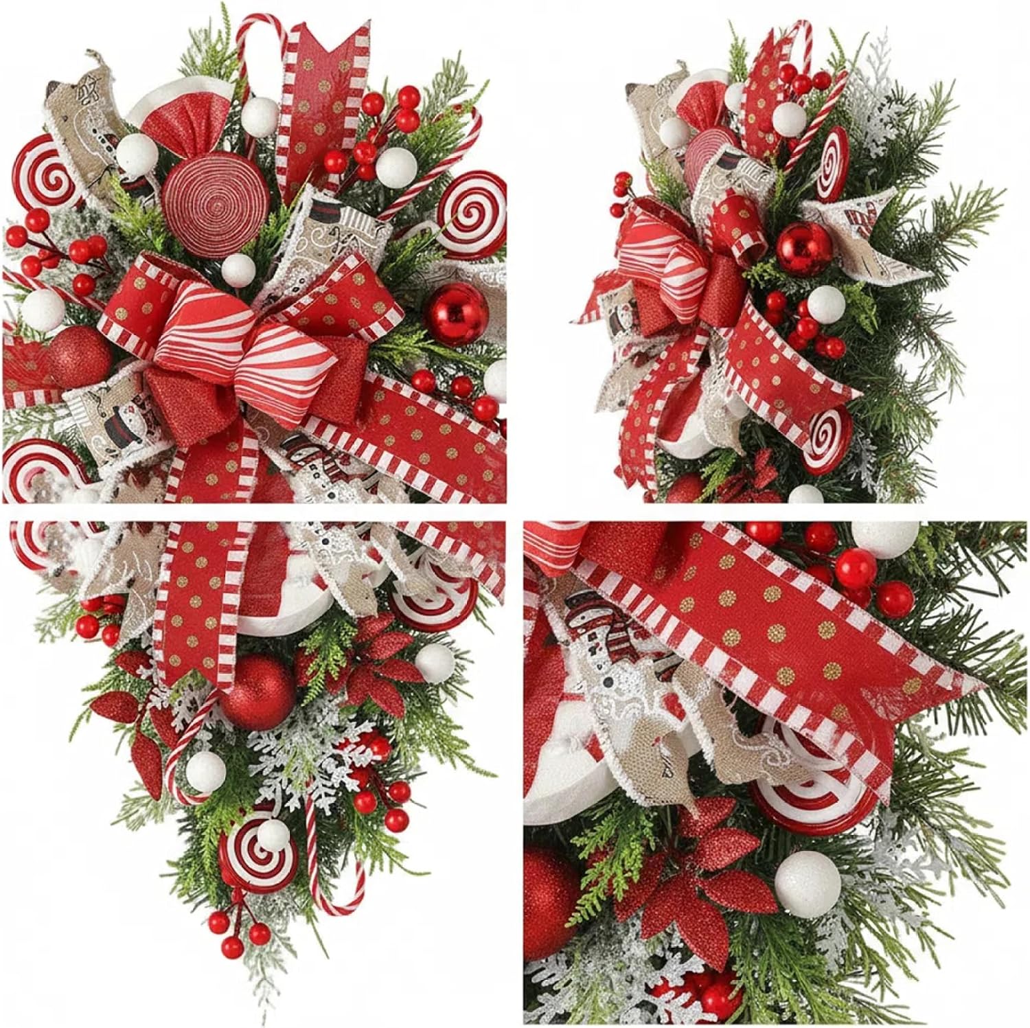 Gcroet Teardrop Christmas Swag, 19.7" Winter Wreath for Front Door, Red Plastic Candy Cane Wreath with Festive Bow, Indoor Outdoor Holiday Decor...