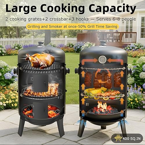 Miniatura 4 de Ahumador de carbón de 16 pulgadas, parrilla 3 en 1 para ahumar carne con termómetro y estantes de cocción duales, ahumador portátil para barbacoa al