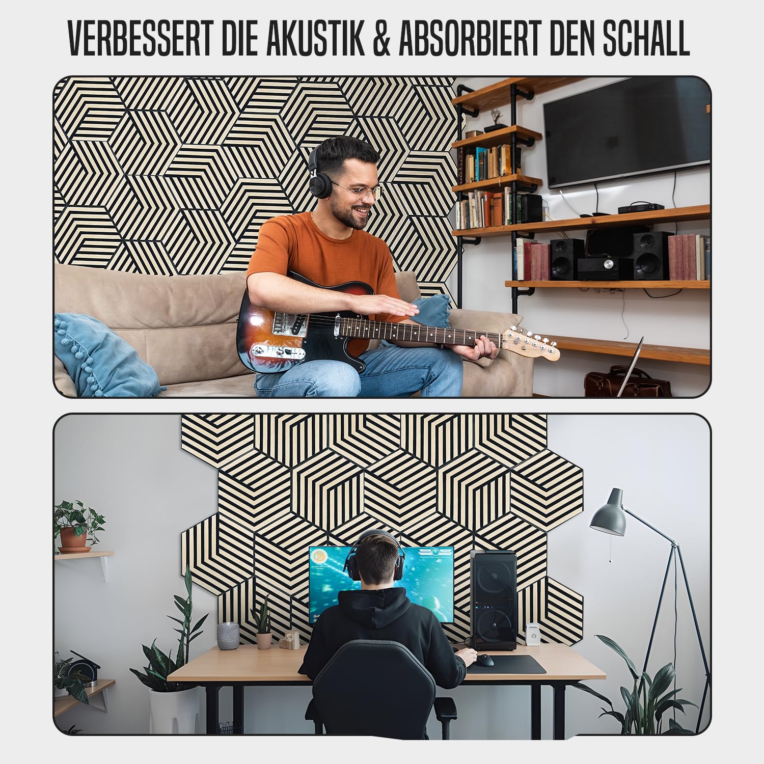 HOME LOVE® Wandbild aus Holz 8er Set | Hexagon Akustikplatten | 3D Gaming Wanddekoration | Akustikpaneele als Deko | Dekoration für Wohnzimmer Flur | Wandpaneele als Akustikbild | Dekoartikel groß