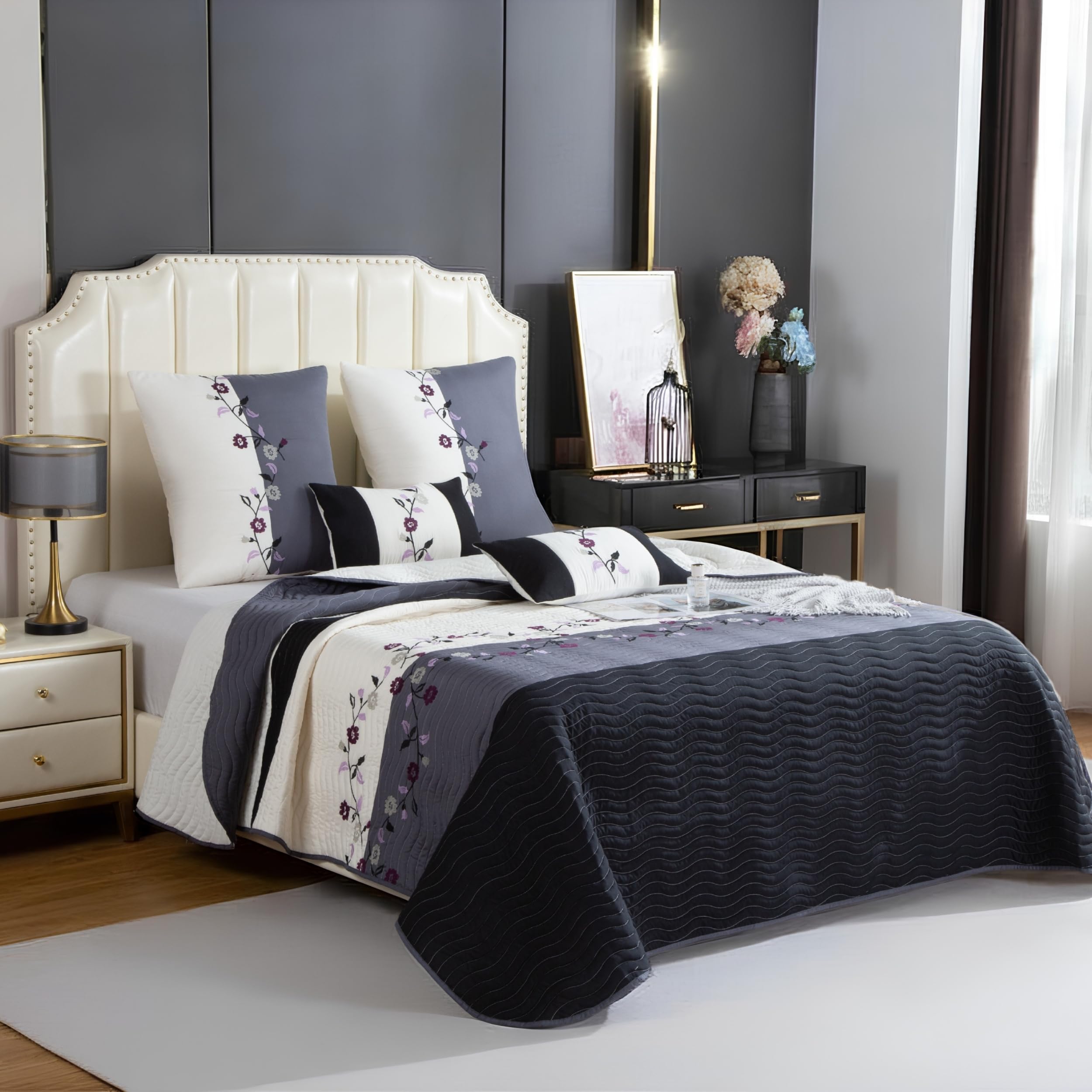 Colcha Boutí Bordada Cama 150 (250x260) para Verano y Entretiempo - 100% Microfibra Suave – Cubrecama Moderno Multiusos Ligero y Transpirable - Incluye 4 Fundas Cojín (2*60x60 + 2*30x50) (Venezuela)