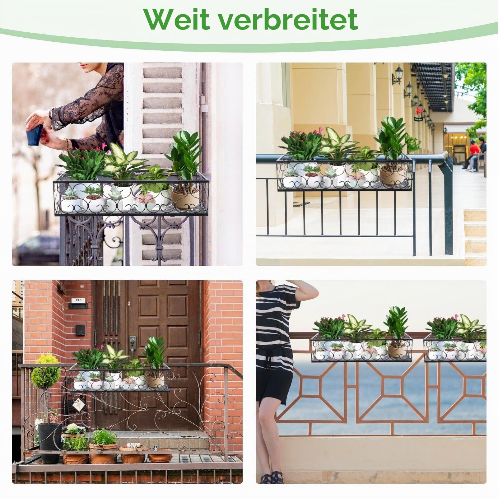 Balkon-Blumentopfständer, Schwarzes Balkon-Hängegeländer, Pflanzkorb, Blumentopfhalter, Pflanzeneisen, Zaun, Topfständer, Montiert, Rechteckige Pflanzenkörbe, Regaldekoration