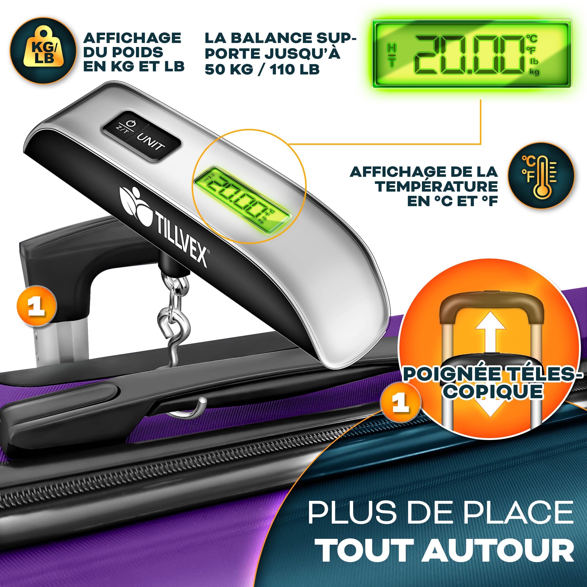 tillvex® Set de 3 Valises de Voyage + Balance, 3 Sangles à Bagages et 3 étiquettes à Bagages | Lot de valises avec roulettes et TSA Lock | Sacs de Voyage à Coque Rigide M-L-XL (Violet)