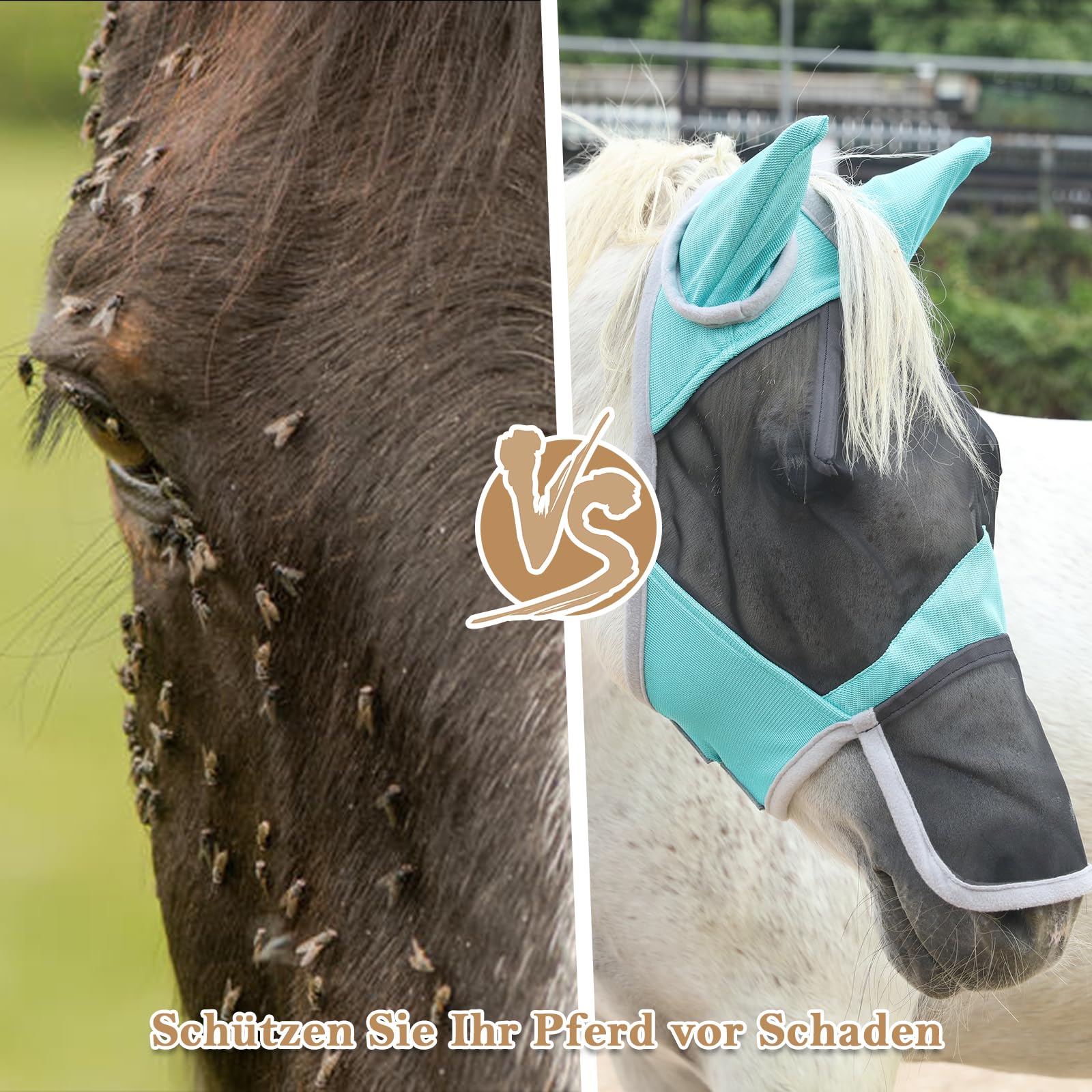 Fliegenmaske Pferd mit Nasen- & Ohrenschutz, UV-Schutz, Atmungsaktives Mesh, Reißfest, Weich Gepolstert, Verstellbar mit Klettverschluss Hellgrün Pony