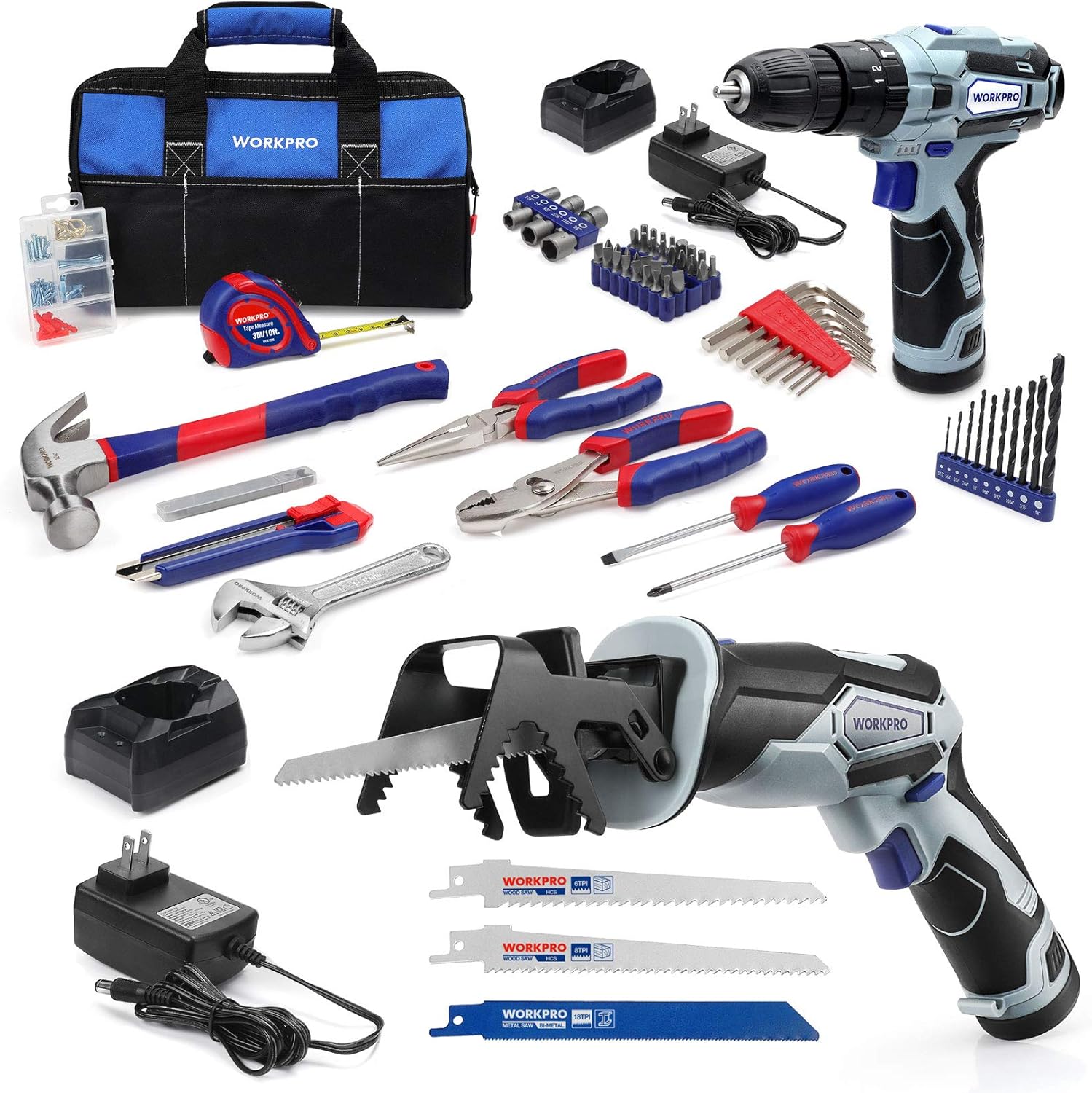 WORKPRO 12V Cordless Drill and Home Tool Kit, 177 Pieces