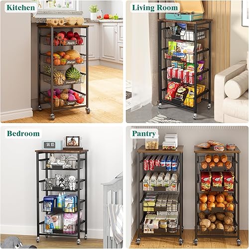 Miniatura 7 de Cesta de frutas y verduras de 5 niveles, carrito rodante con ruedas con cestas extraíbles y parte superior de madera para cocina, comedor y despensa