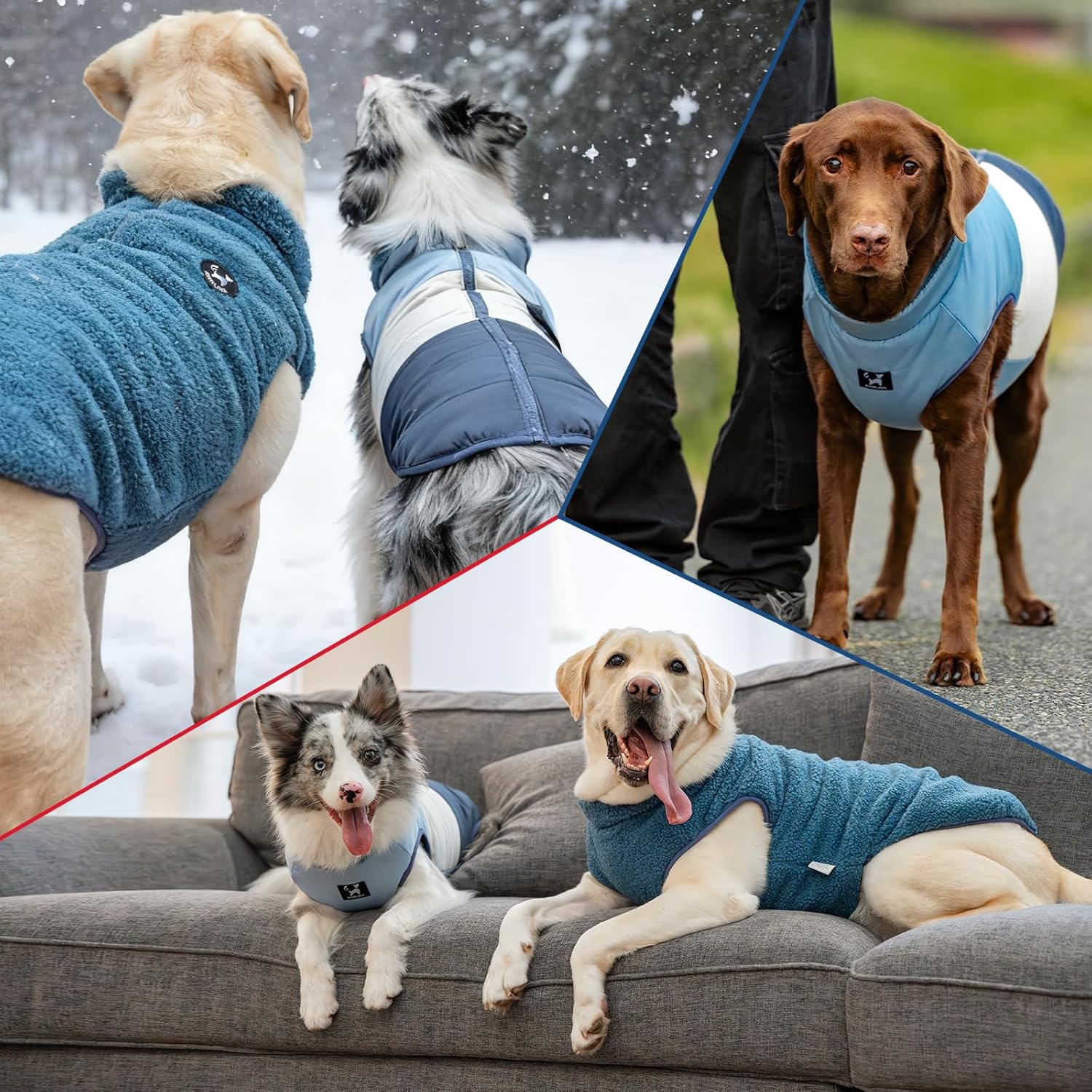 Arblina Reversible Dog Winter Coat, Waterproof Warm Fleece Sweater Windproof Lightweight Pet Snow Jacket for Medium Large Dogs with Double Ended Zipper, Cold Weather Dog Coat,Blue,XXL