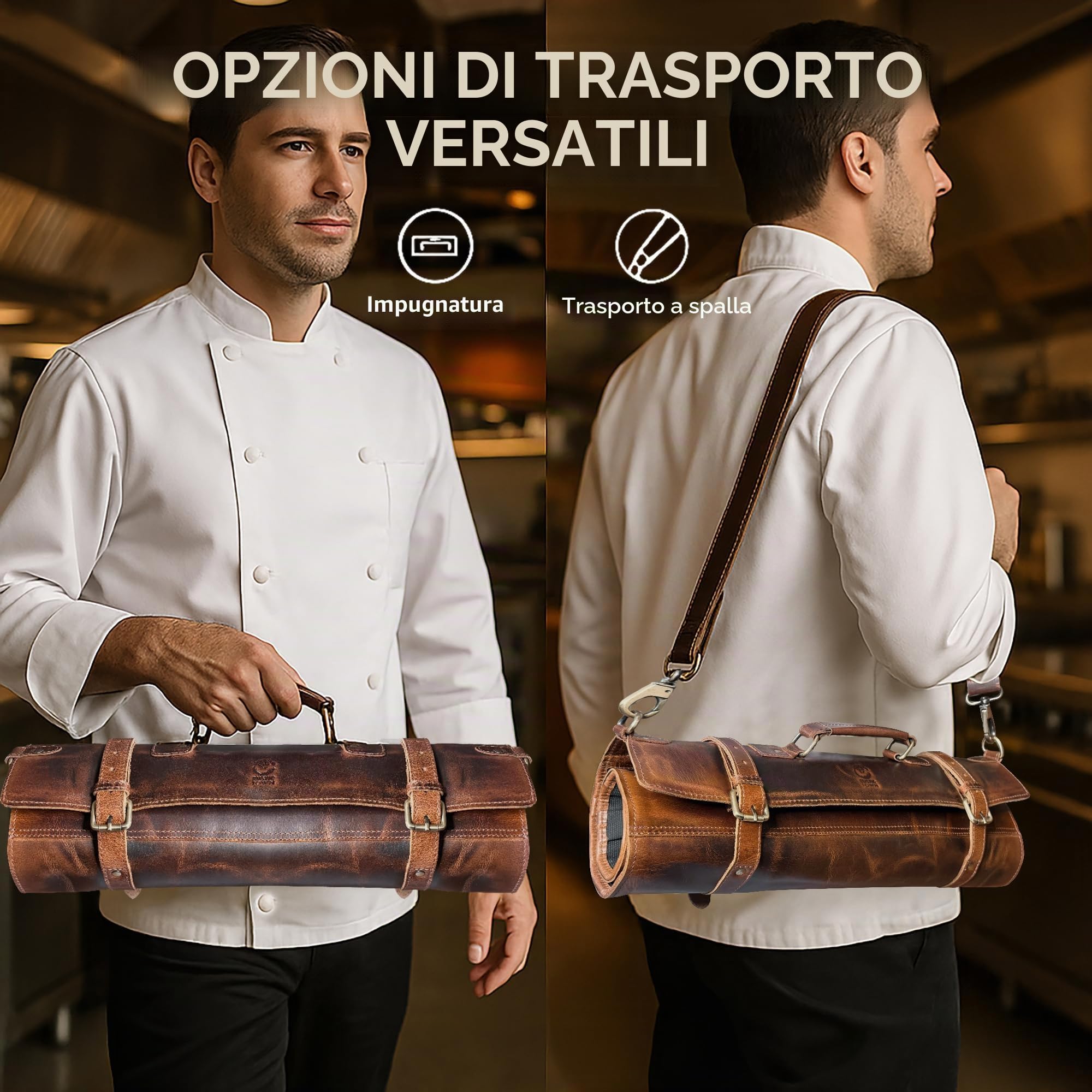 Rustic Town Rotolo multiuso per coltelli da chef in vera pelle
