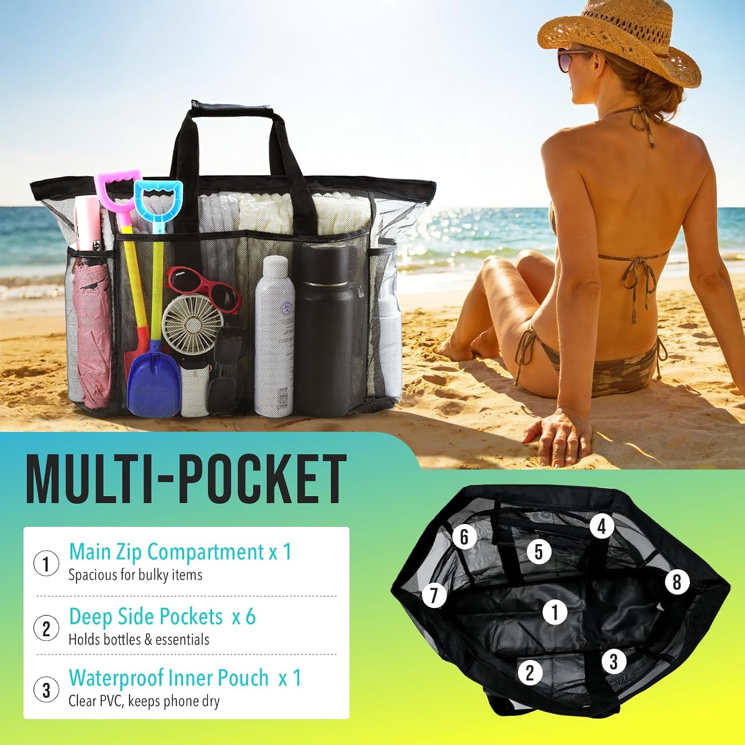 Large Mesh Beach Bag, Travel Pool Tote Bag with Zipper for Women, Family Vacation Foldable Bag Essentials image 4