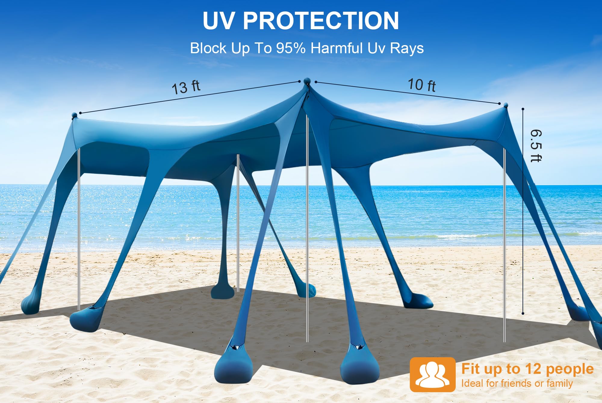 Beach Tent Sun Shelter, Camping Sun Shelter 10 x 13FT with 10 Sandbags, Sand Shovel, Ground Pegs, Stability Poles, Beach Canopy Tent Sun Shade UPF50+ Protection for Camping, Fishing, Backyard