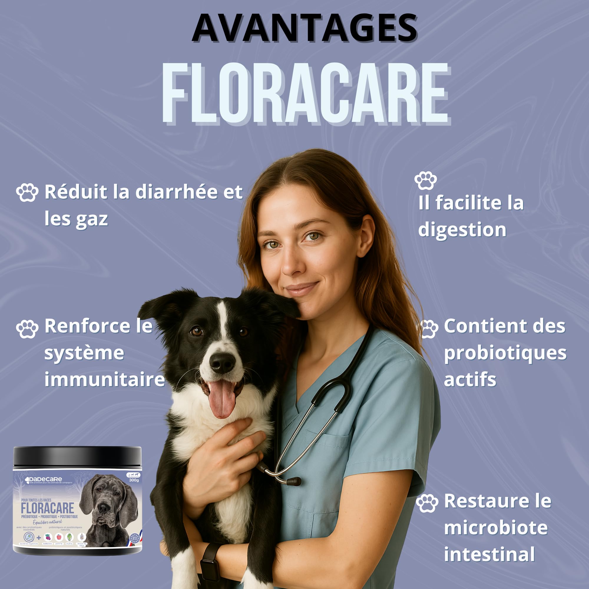 Floracare Probiotiques en poudre pour chiens 300 g – Répare la flore intestinale et améliore la digestion – Réduit les diarrhées et le stress – Idéal après traitements ou changement de nourriture avec