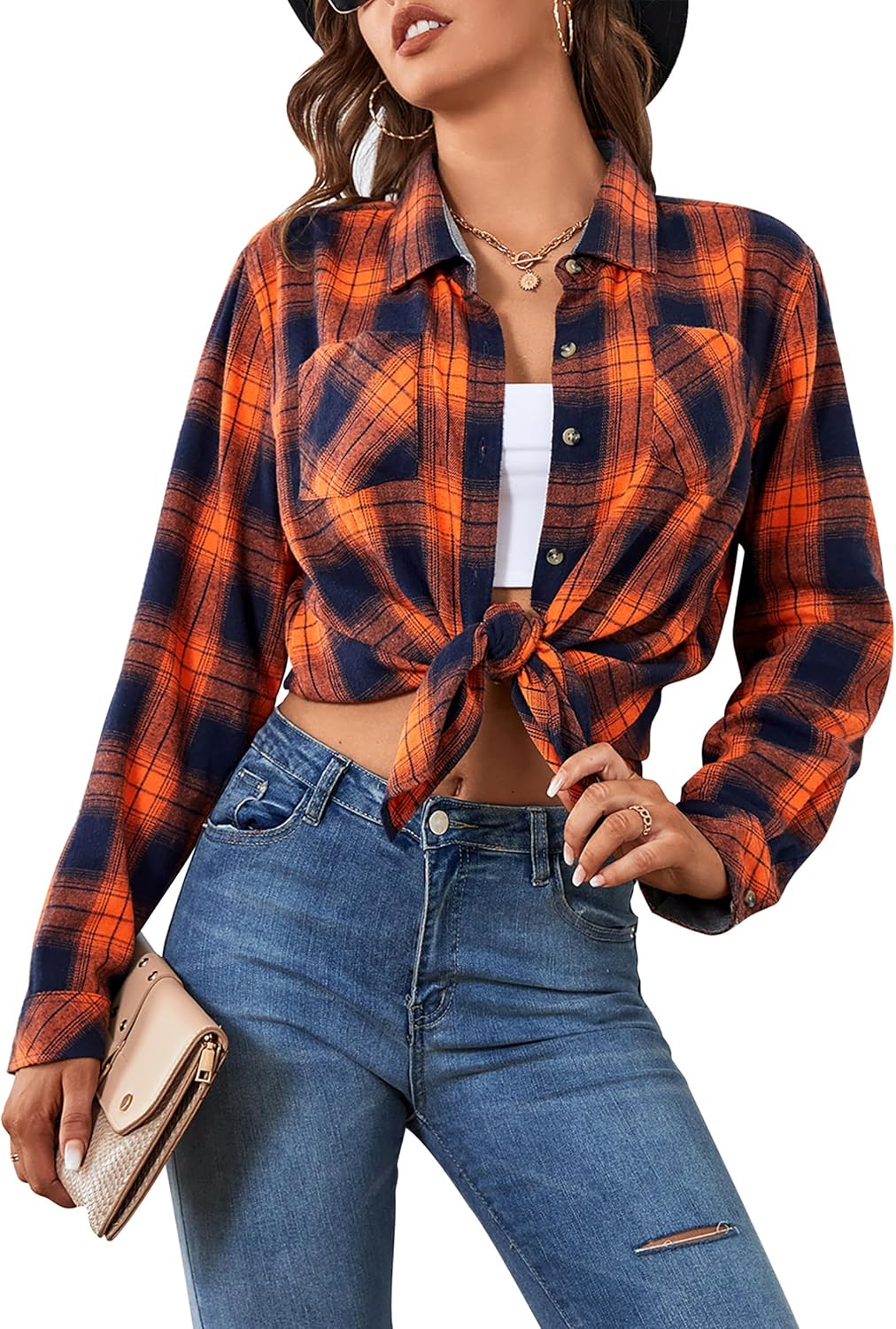 Damipow Flannel Shirt Women Long Sleeve Fall Blouse Ladies Casual Top Cute Clothes