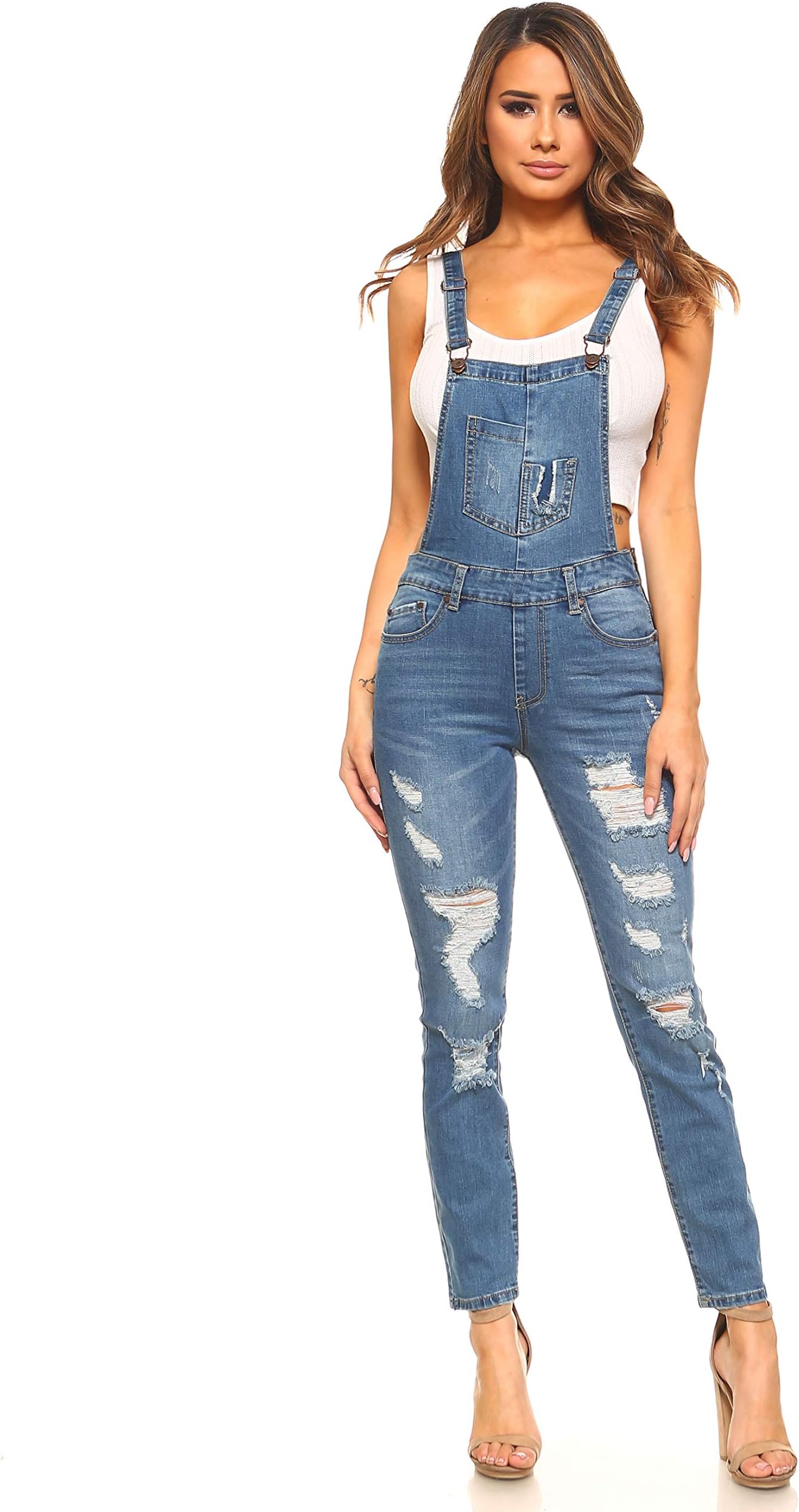Monkey Ride Jeans Women's Distressed Stretch Twill Denim Overalls