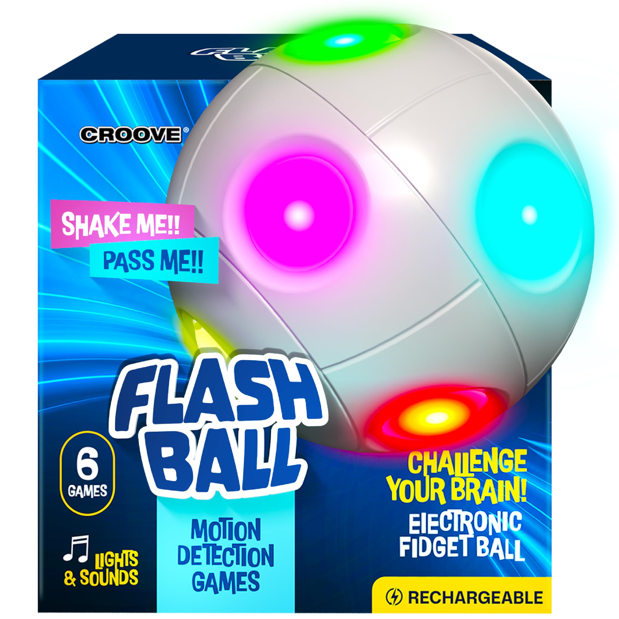 Croove 6 in 1 Brain & Memory Action Ball with Motion Detection Games, Cool Fidget & Sensory Toys, Gifts for Kids & Teens, Ideas for Boys & Girls Ages 5 6 7 8 9 10 11 12 13+ Year Old