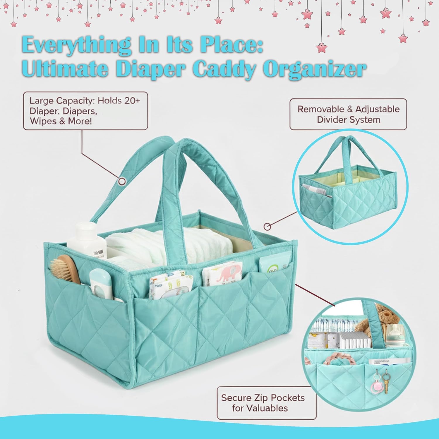 Baby Diaper Caddy Organizer with Zipper Pockets & Dividers – Portable Nursery Storage Basket for Diapers, Wipes & Newborn Essentials, Baby Shower Gifts (Mint Green)