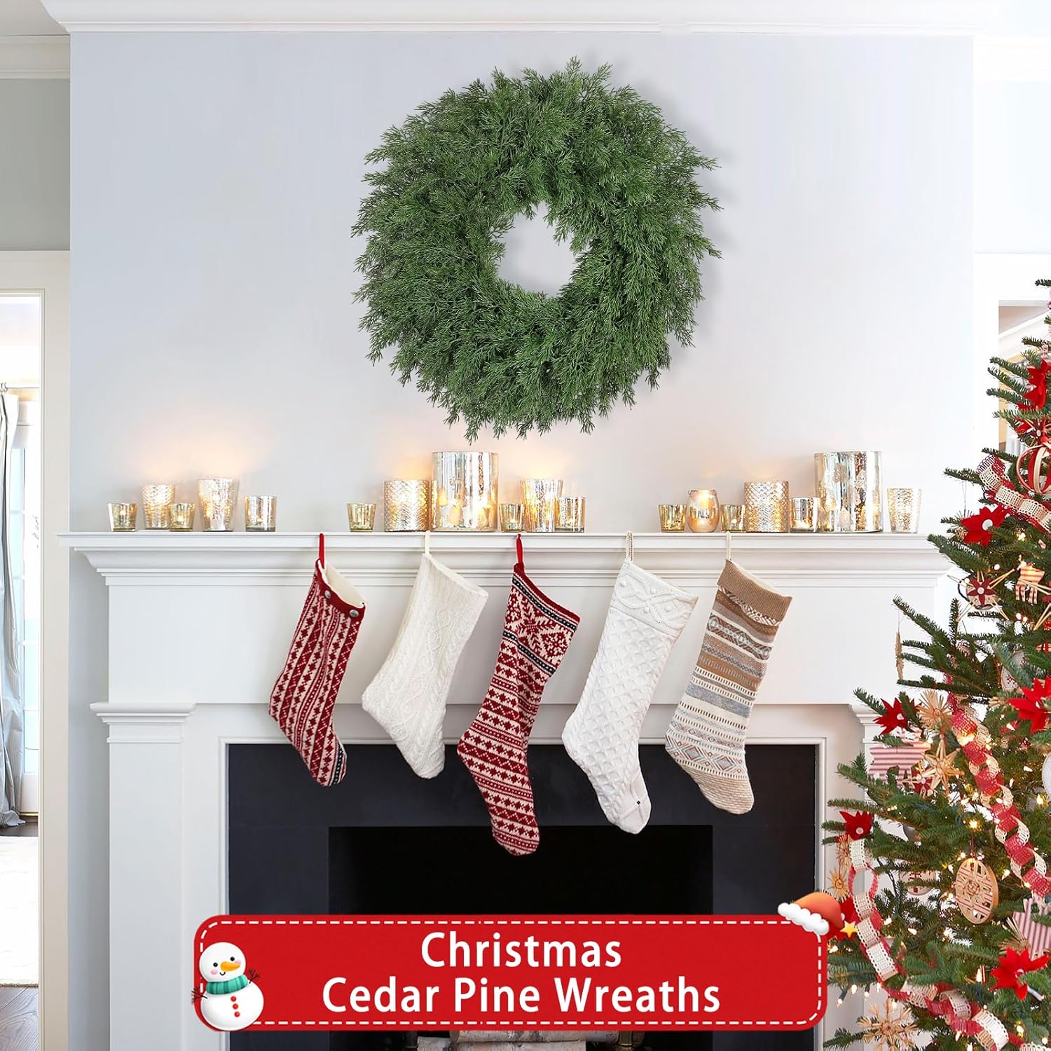 26 Inch Christmas Wreaths for Front Door Realistic Large Winter Greenery Pine Cedar Wreaths for Windows Xmas Holiday Home Table Mantle Yard Farmhouse Wall Door Porch Hanging Decor Outdoor Indoor - Image 6