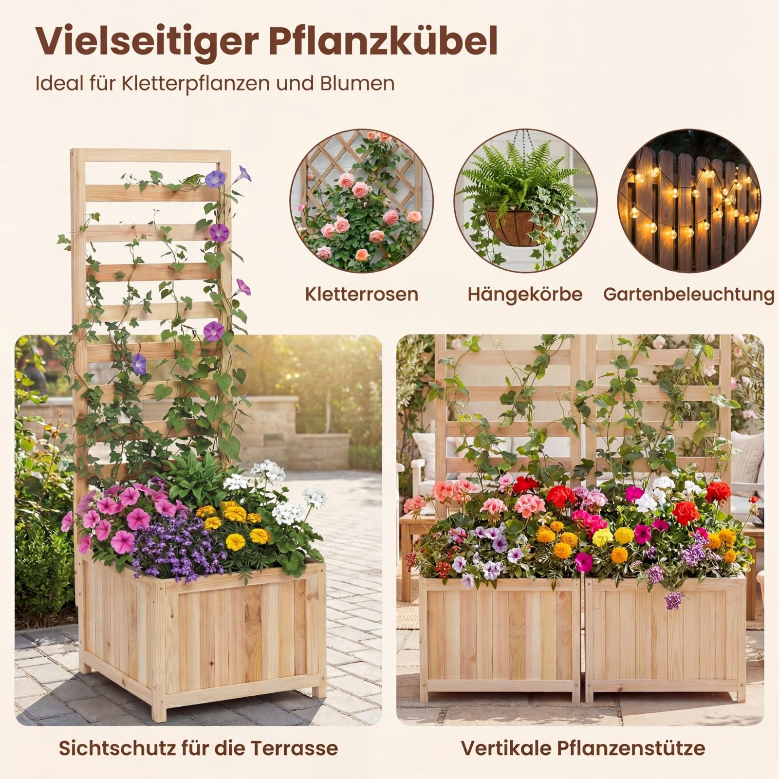 GOPLUS Blumenkasten mit Rankgitter, 123 cm Gartenbeet mit vertikalem Gitter, Abflussloch & tiefem Pflanzkasten, Hochbeet für Kletterpflanzen & Blumen, Blumenkübel Holz für Garten & Balkon (Natur)
