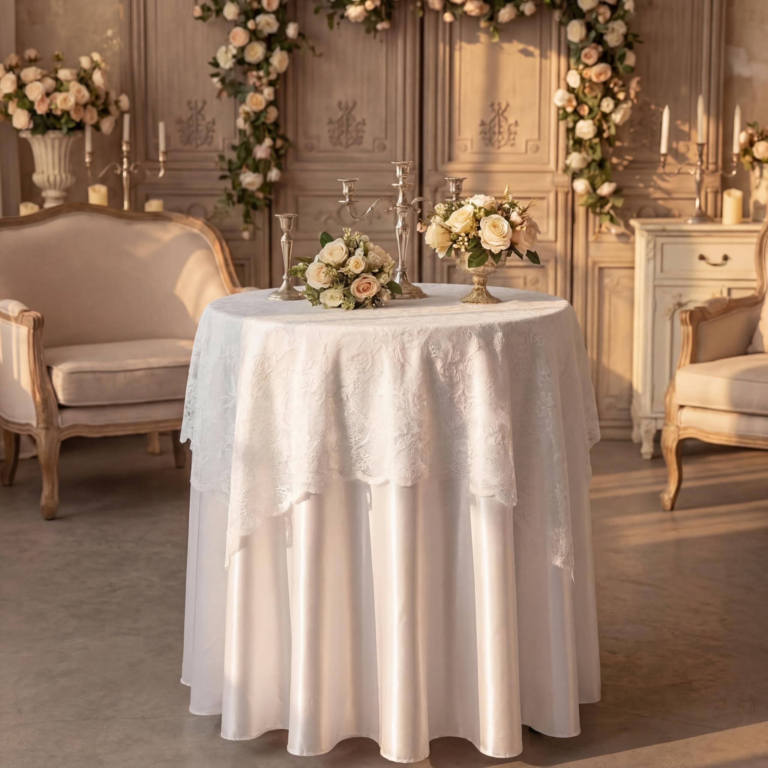 Photo 1 of Fanfanwin 2 Pcs White Satin Round Tablecloth 108" with Lace Overlay