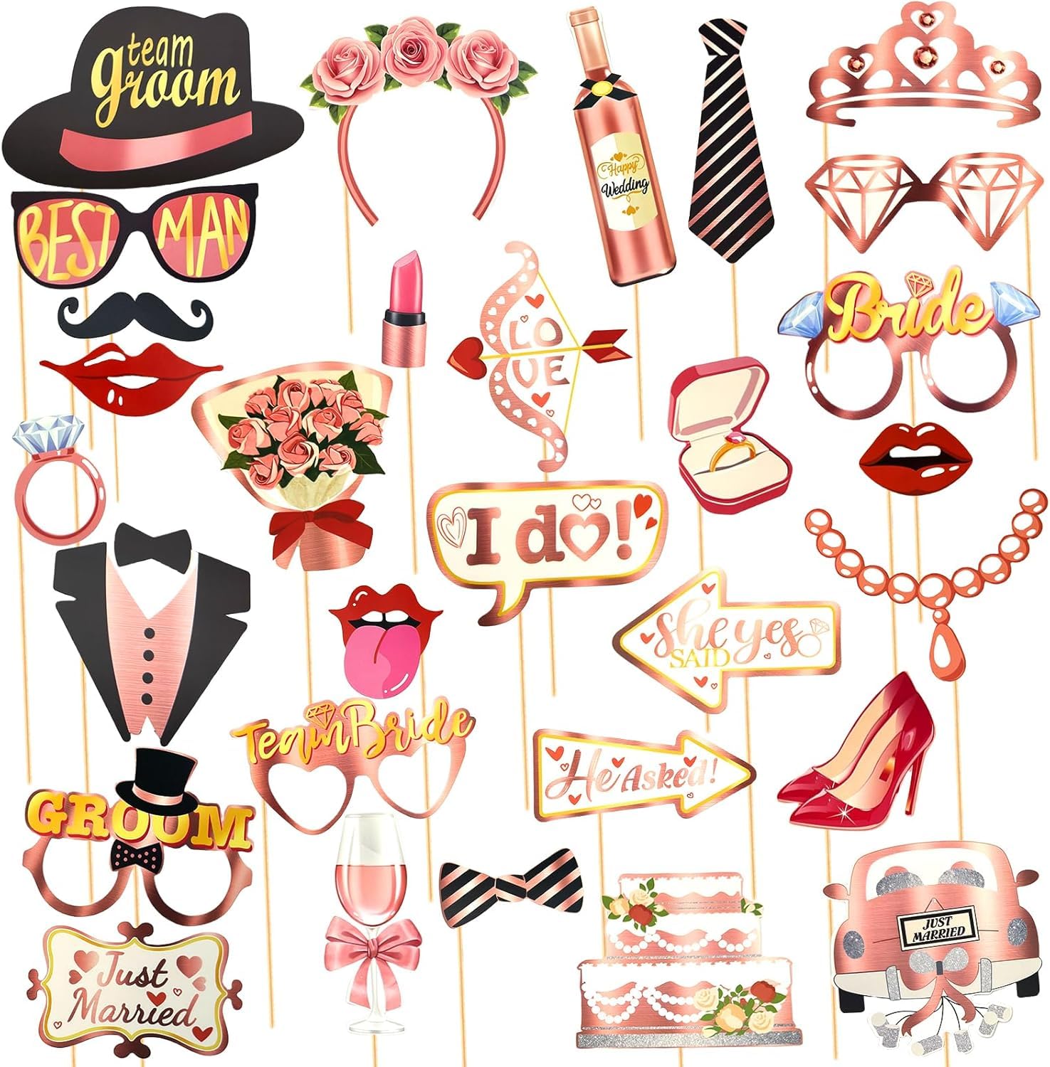 Vgrdtw Pink Photo Booth Props Wedding, Wedding Accessories, 30 Pcs Photobooth Party Props For Marriage Engagement Bachelorette Hen Party, And Black