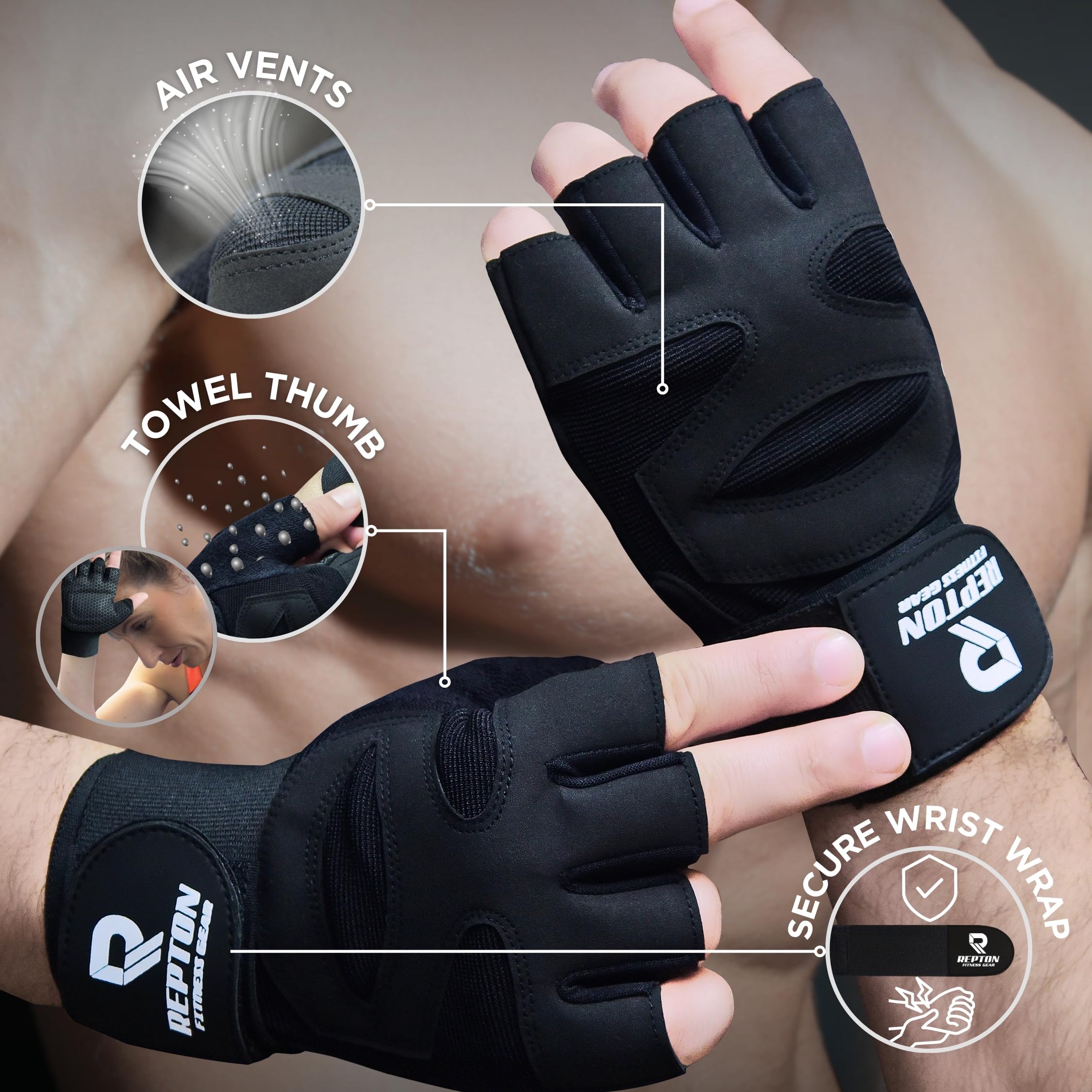 Repton Fitness Gears Gym Gloves with Wrist Strap - Image 3