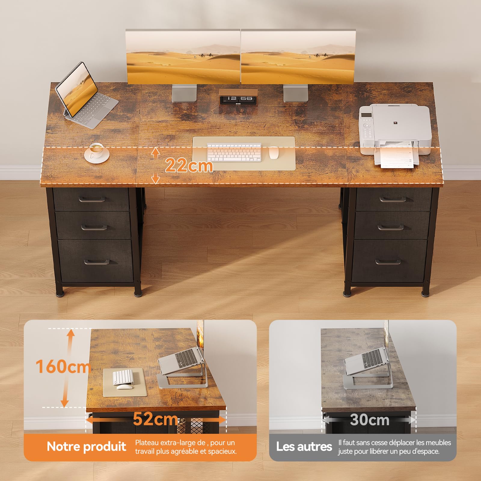 Coleshome Biurko z 6 Szufladami, 160x52 cm Biurko Komputerowe z Miejscami do Przechowywania, Biurko do Domowego Biura, Brązowy | Stół komputerowy z szufladami, dolną półką i dużą ilością miejsca do pracy, nauki lub kreatywności.