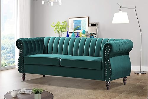 Miniatura 25 de Quinones - Sofá Chesterfield moderno con elegantes brazos enrollados, ribete de cabeza de clavos y acolchado de canal, sofá de 76.4 pulgadas de