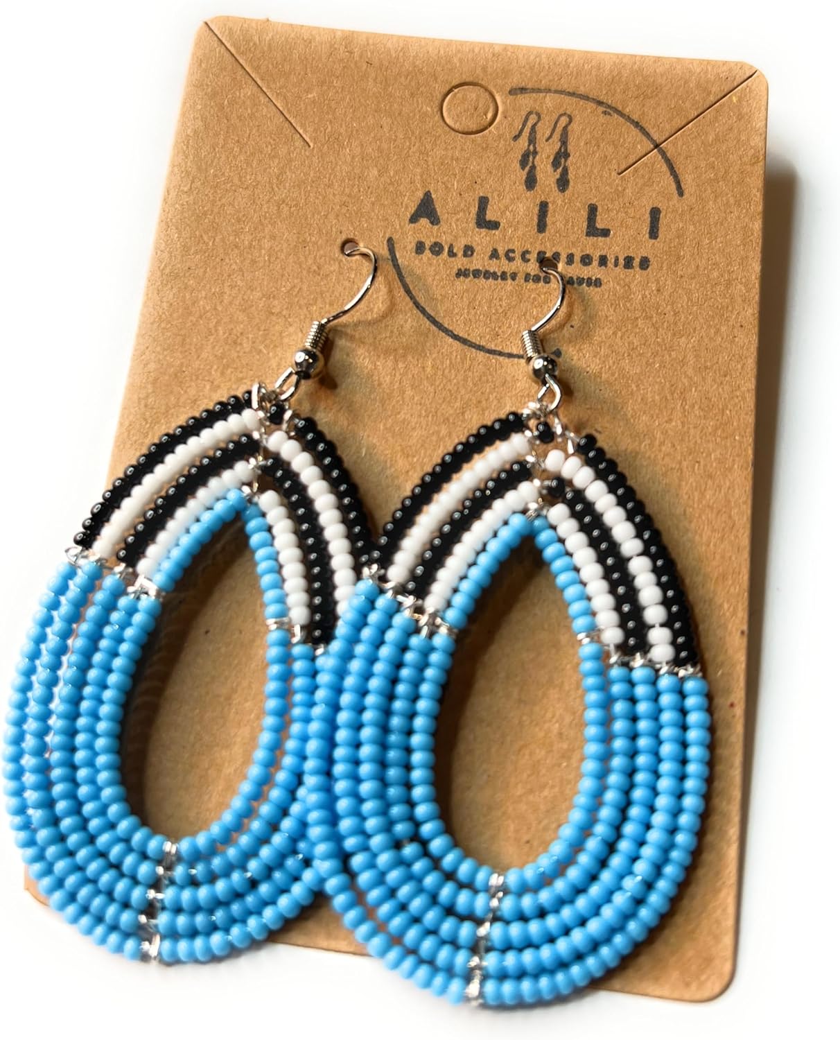 Alili Light Blue White Black Large Lightweight Sassy Colorful And Statement Earrings Boho Modern Handmade Beaded Gameday Spirit