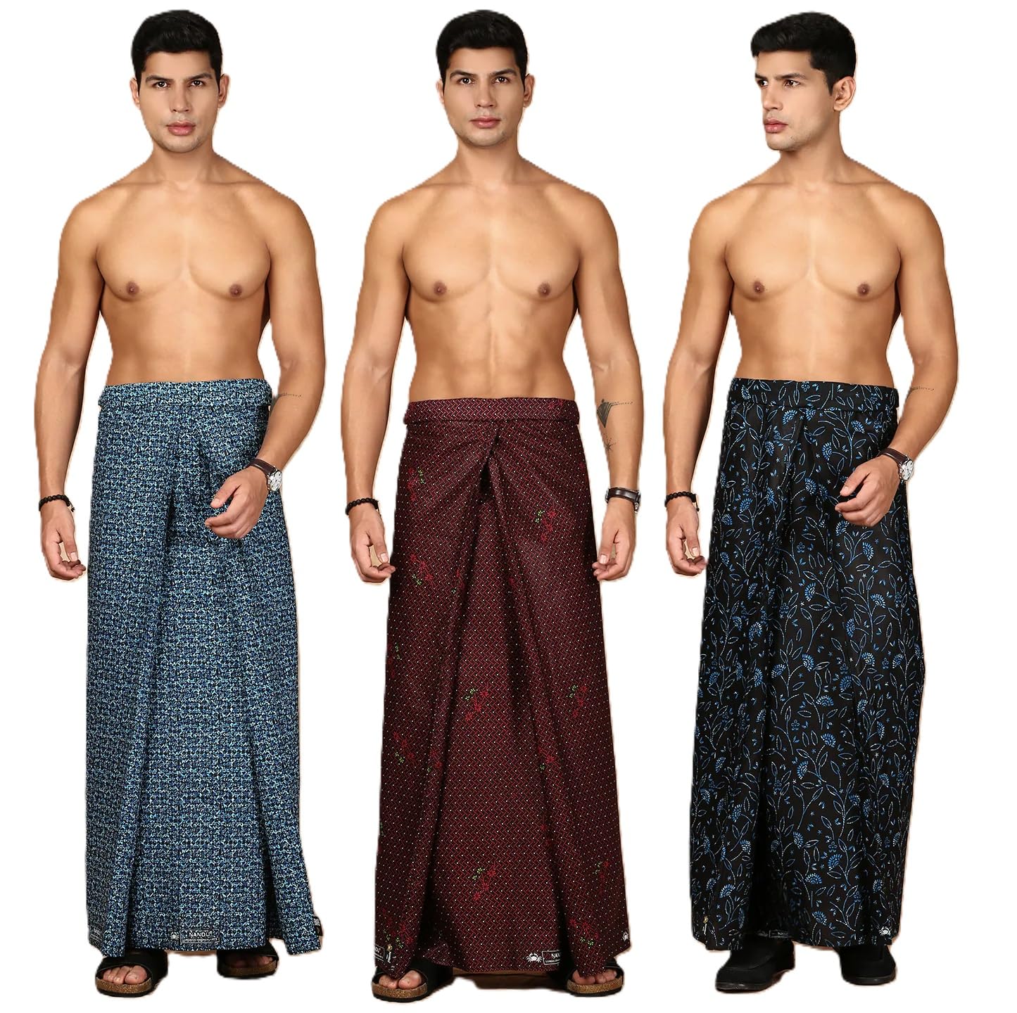 NanduBrand Men's Cotton Stitched New Printed Lungies - Pack 3 (Pattern & Design May Vary, Multicolour, (2.00Mtrs) # Premium Wear #