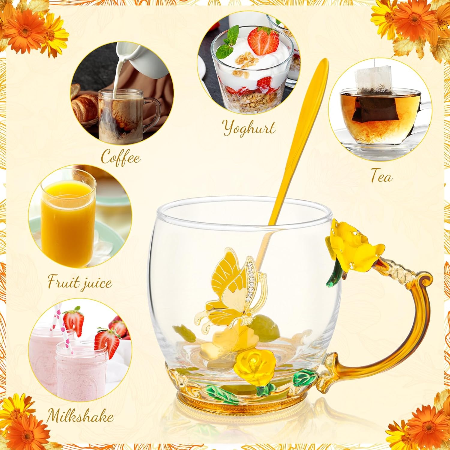 Tioncy 4 Sets Gifts for Women Mom Enamels Butterfly Flower Tea Cup Fancy Rose Glass Tea Cups Flower Coffee Mug Teacup with Spoon Set Birthday Mother's Day Nurse Week Graduation Present(Yellow)