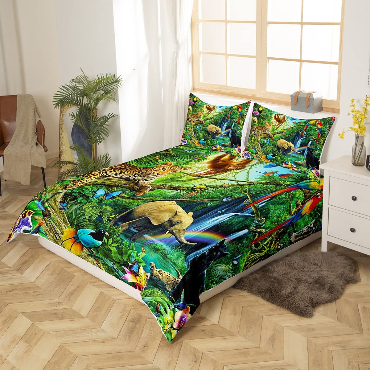 Zoom Thème Housse de Couette Léopard Éléphant Singe Oiseau Parure de Lit 220x240cm Papillon Serpent Botanique Ensembles de Housse de Couette pour Enfants Chambre Décor Avec 2 Taie d'oreiller