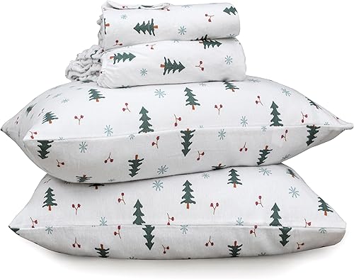 Miniatura 8 de RUVANTI Juego de sábanas de franela 100% algodón, tamaño matrimonial, 4 piezas, bayas y pino