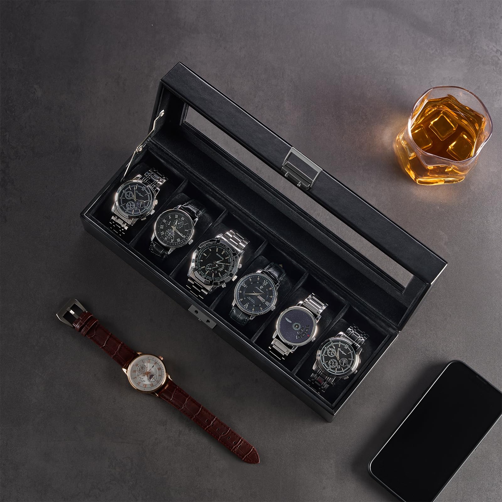 Scatola porta orologi a 6 scomparti per uomo, organizer per orologi da uomo in pelle PU con morbido cuscino, contenitore per collezione di orologi con chiusura a chiave e coperchio in vetro,