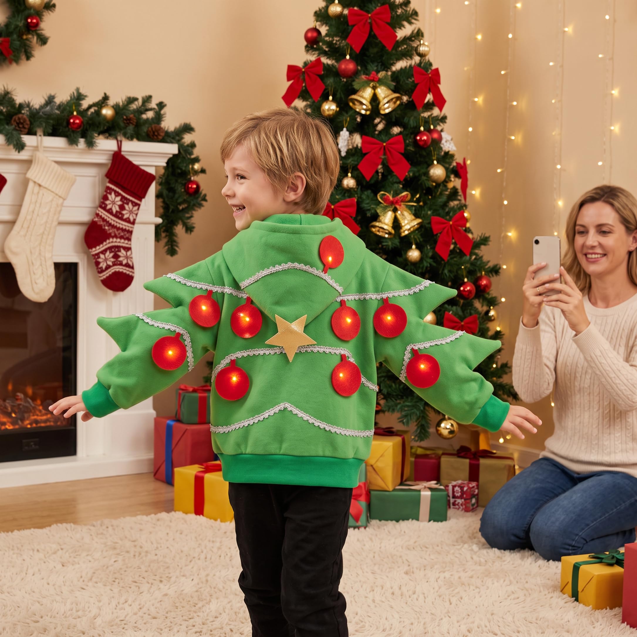Costume da albero di Natale, costume cosplay per bambini con cappuccio a stella verde S
