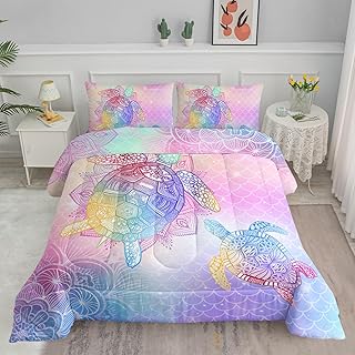 Axolotl Turtle Bedding Set Twin,Coastal Beach Themed Comforter Set Rainbow Turtle,Mandala Turtle Comforter Bed Set for Kids Girls Teens,Girls Bedding Set Print Fish Scales,1 Quilt 2 Pillowcases